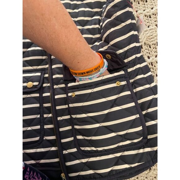 Womens British Khaki Quilted Vest Navy & White Stripes S Sleeveless Zipper Front - Picture 12 of 16